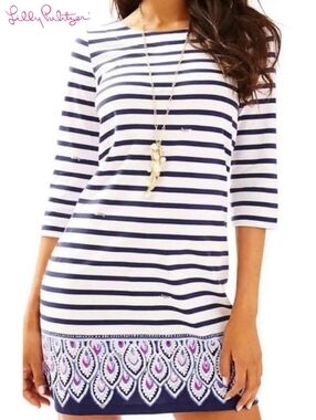 Sz M Lilly Pulitzer 100% Cotton Beacon Serene Blue Stripe 3/4 Sleeve Shift Dress